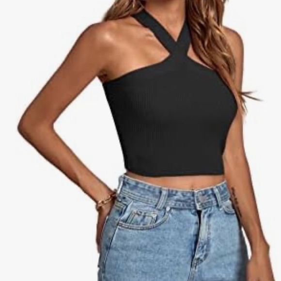 the drop Tops - The Drop Sz 3X Black Ribbed Knit Cropped Criss Cross Halter Top